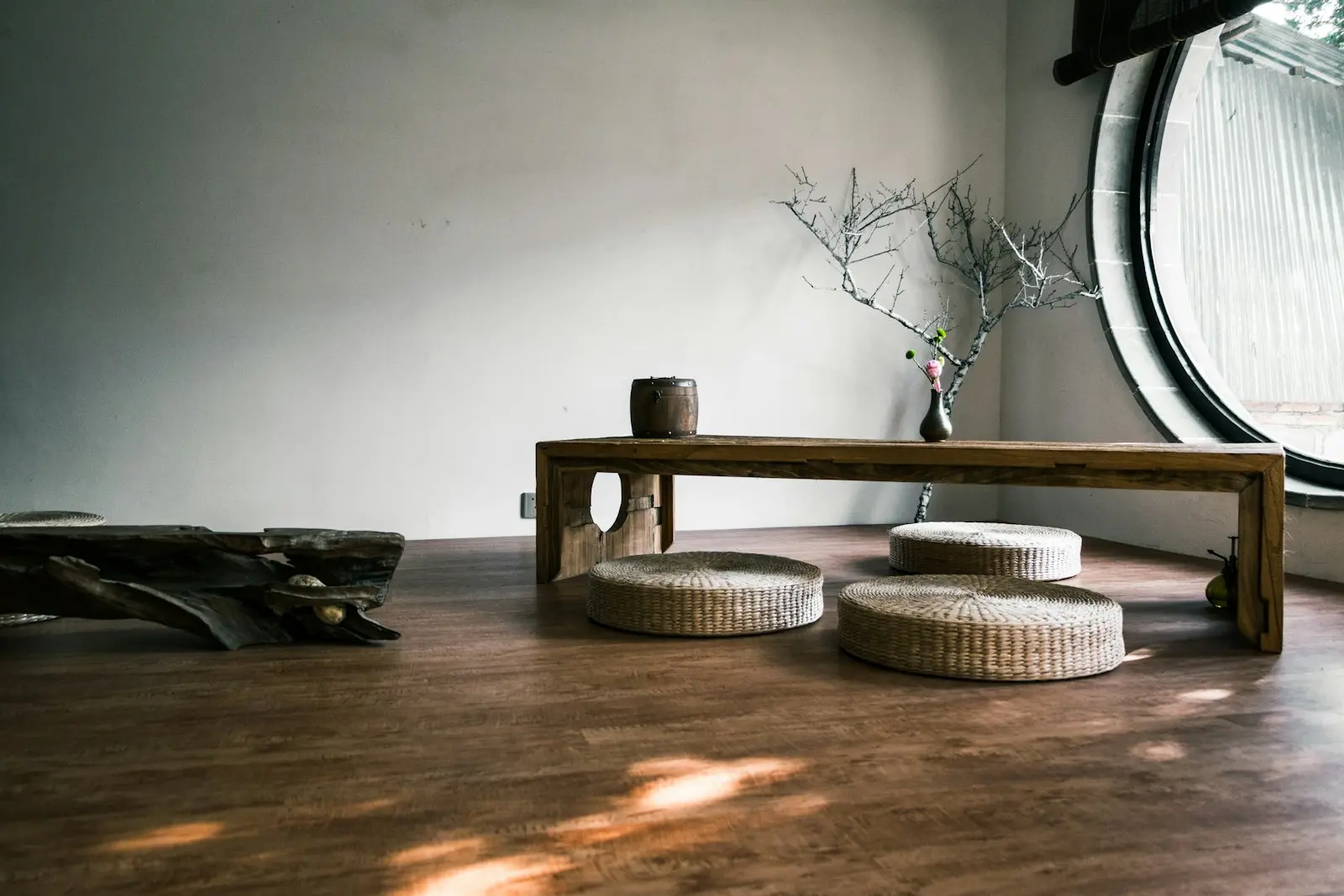 A quiet corner of the studio, a wooden bench by a bright window with plants, morning light