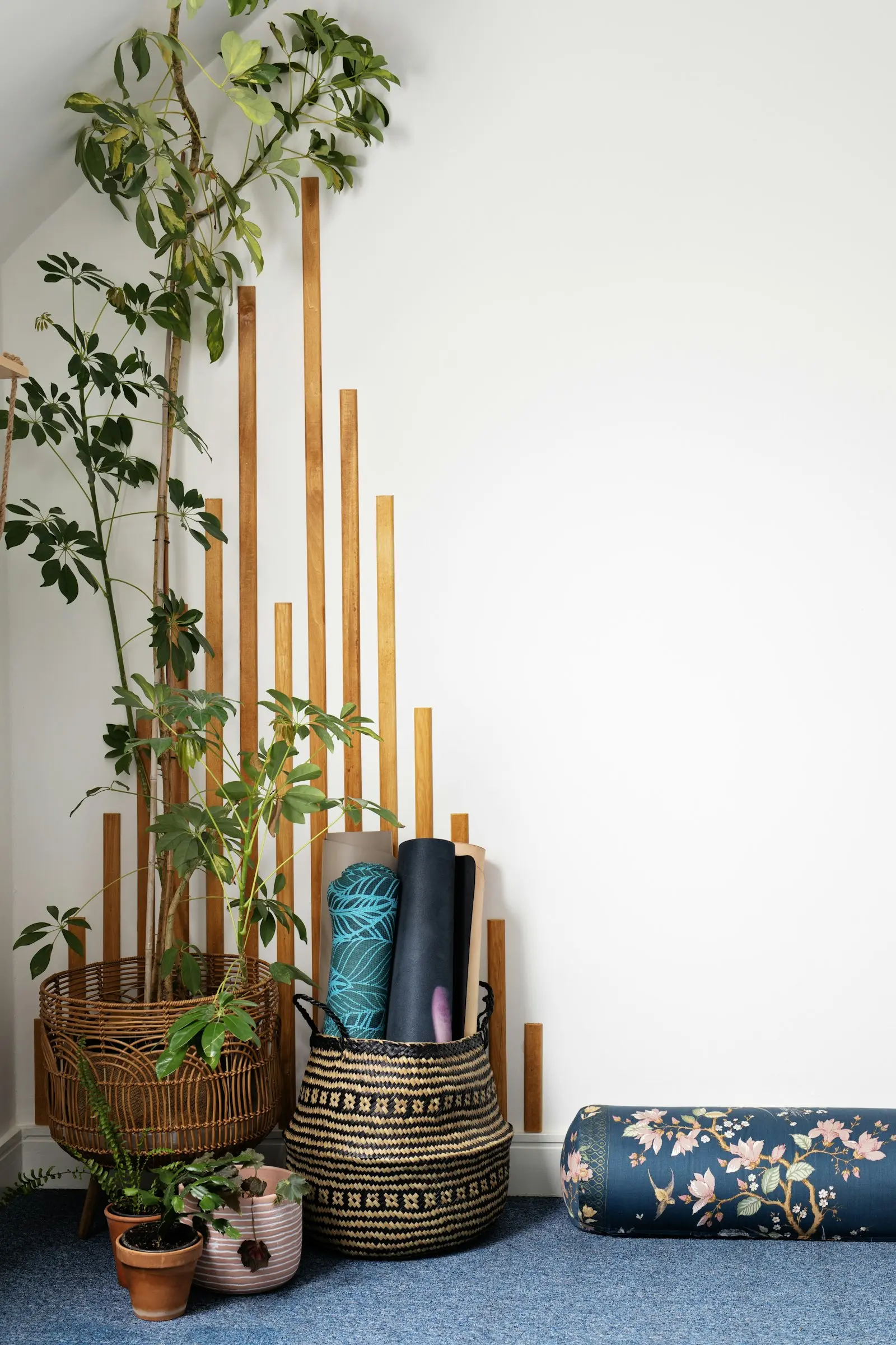 A close detail of rolled mats and props in a cosy corner with a plant